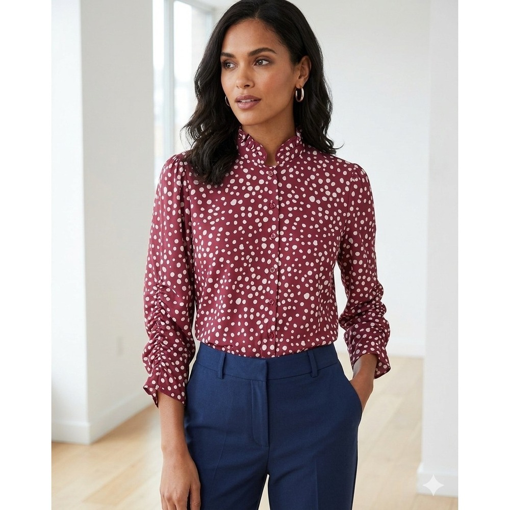 Madeleine Polka Dot Ruffle Neck Blouse Ruched Sleeves Poetry Style Women Med EUC